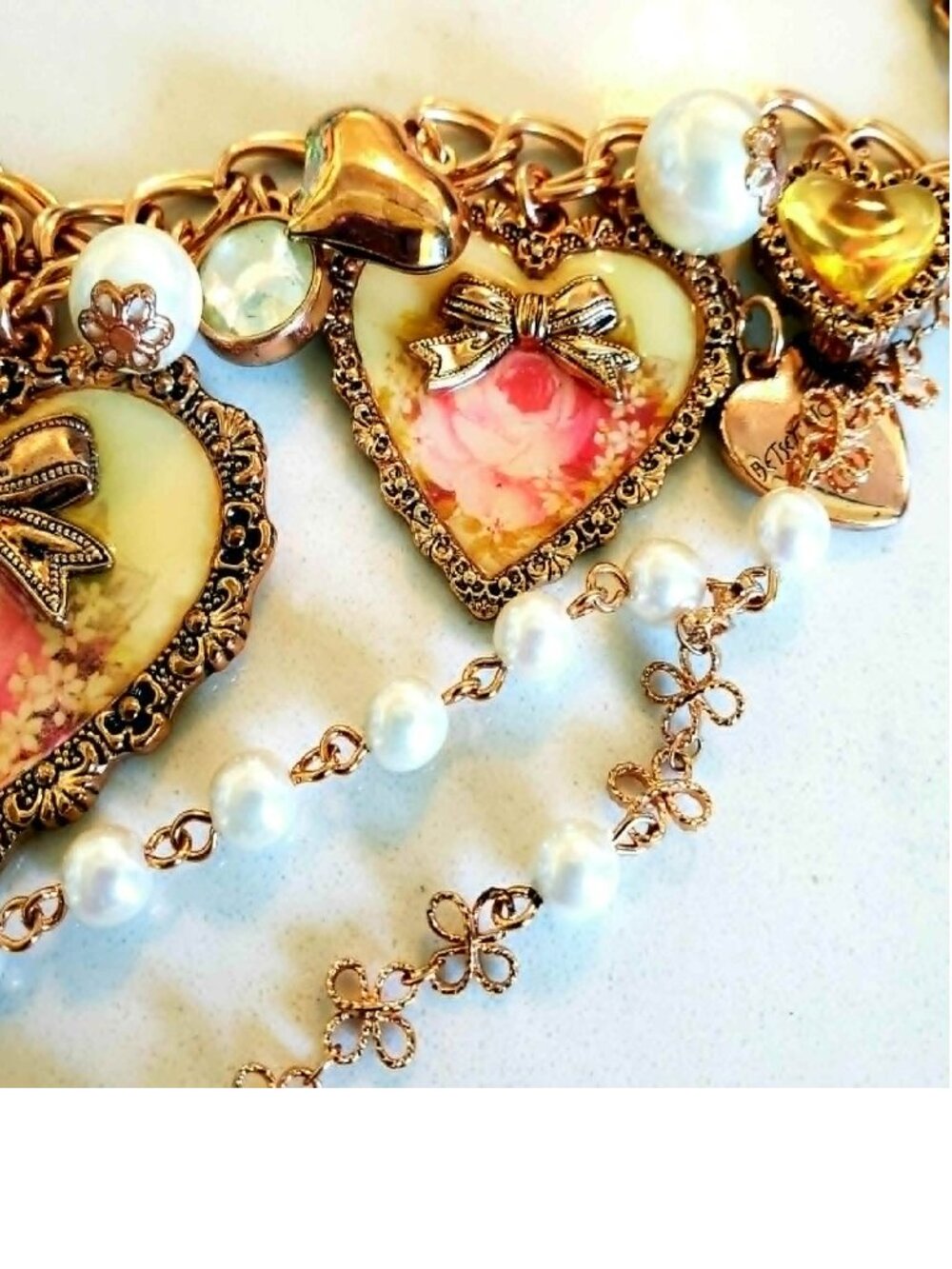 Vintage Betsey Johnson Necklace Y2K Victorian Pink Rose Cherub Pearl Think Of Me - Picture 7 of 10